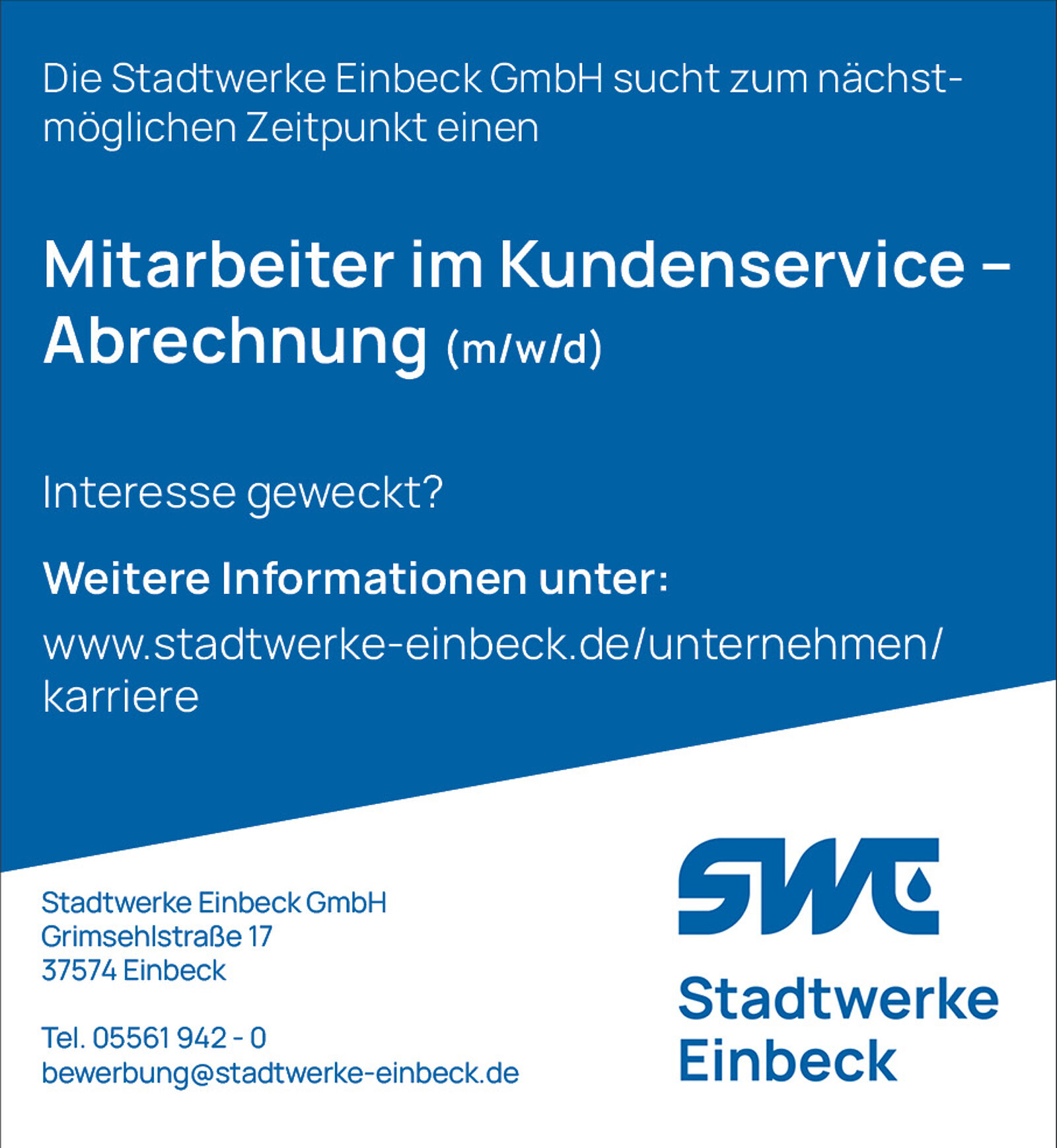 Stellenanzeige Stadtwerke Einbeck. Mitarbeiter im Kundenservice – Abrechnung (m/w/d) in Vollzeit. 