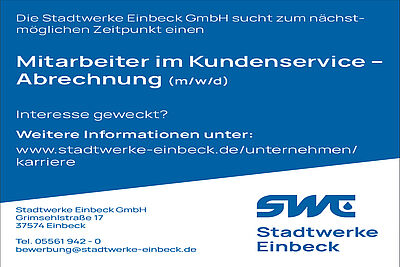 Stellenanzeige Stadtwerke Einbeck. Mitarbeiter im Kundenservice – Abrechnung (m/w/d) in Vollzeit. 